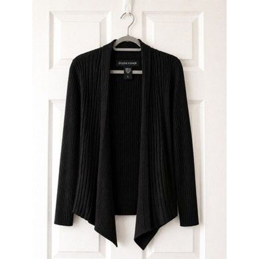 Eileen Fisher Sweater Women L Black Duster Open Cardigan Waterfall Coton Blend